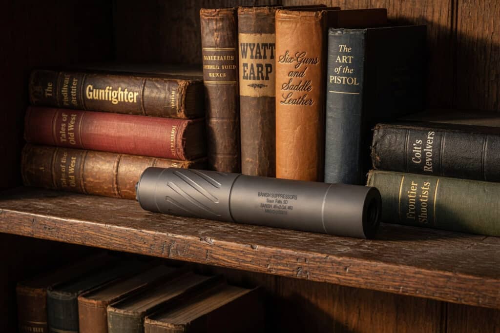 Metal firearm suppressor rests on a wooden shelf among vintage leather-bound books on a rustic library shelf.