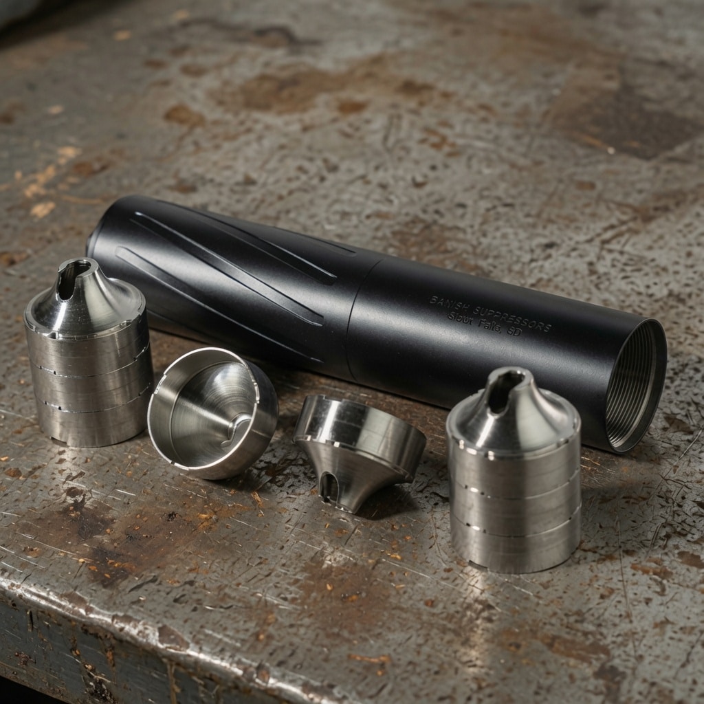 Disassembled rifle suppressor on a metal workbench with several stainless-steel baffle pieces nearby