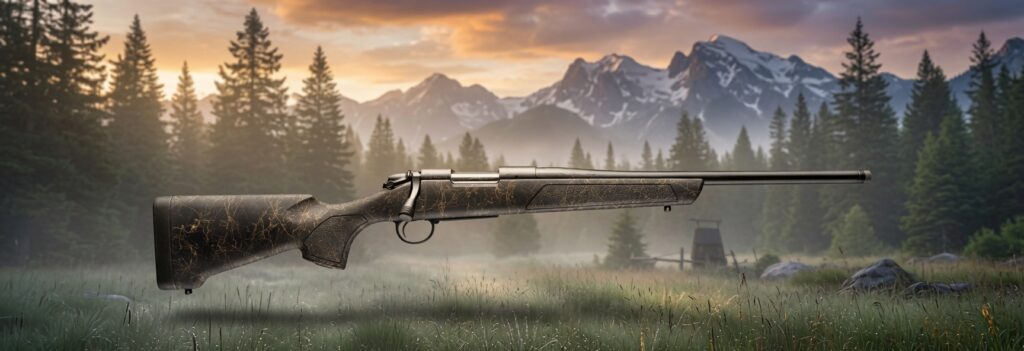 Bolt-action hunting rifle with a cracked-black stock lying in a misty meadow against a forest and mountains at sunset.