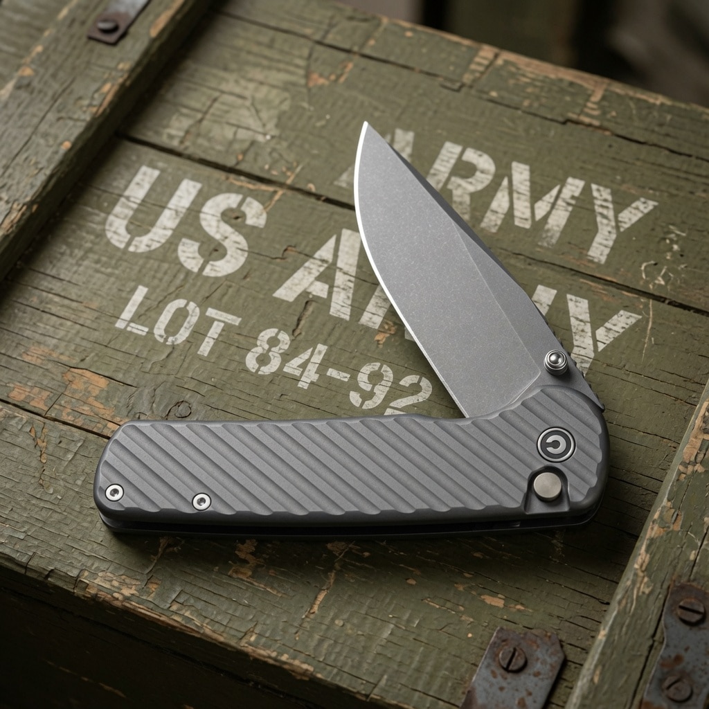 Gray folding pocket knife with textured handle and extended blade resting on a weathered green wooden crate marked US Army Lot 84-92.