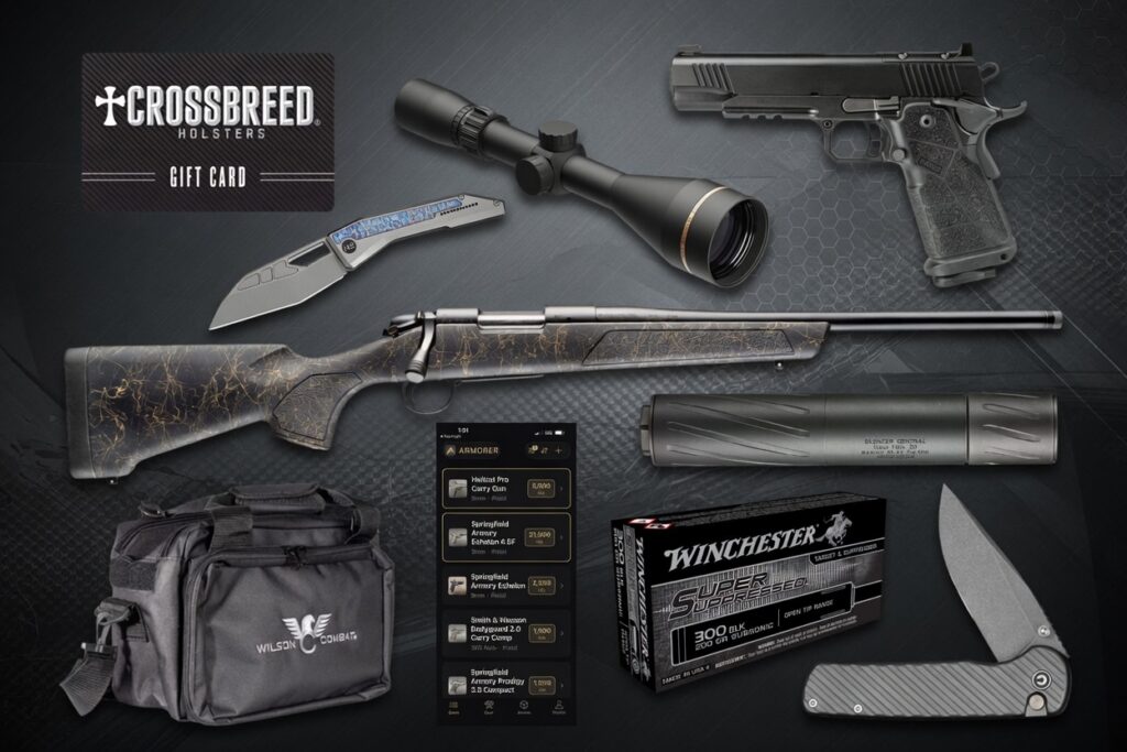 Gift card for Crossbreed Holsters displayed among firearms accessories (scope, pistol, rifle) and gear on a dark background; emphasis on the promo item.