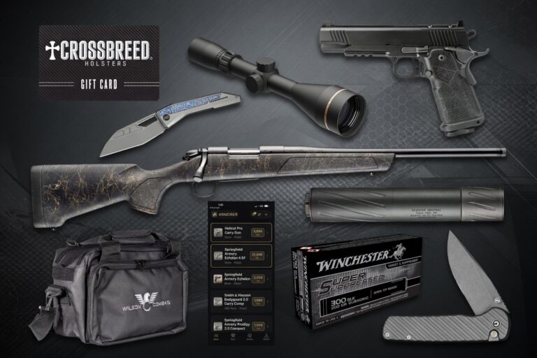 Gift card for Crossbreed Holsters displayed among firearms accessories (scope, pistol, rifle) and gear on a dark background; emphasis on the promo item.