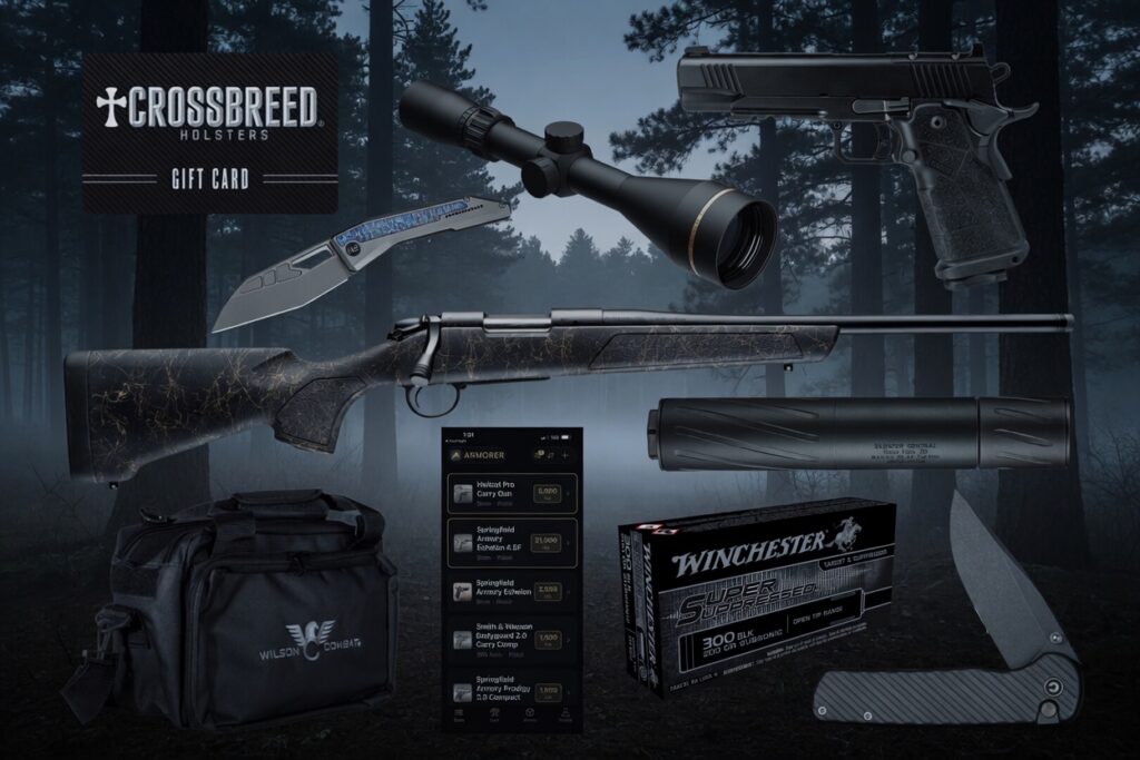 Crossbreed Holsters gift card with a rifle, pistol, scope, knife, ammo box, and gear laid out against a dark forest backdrop.