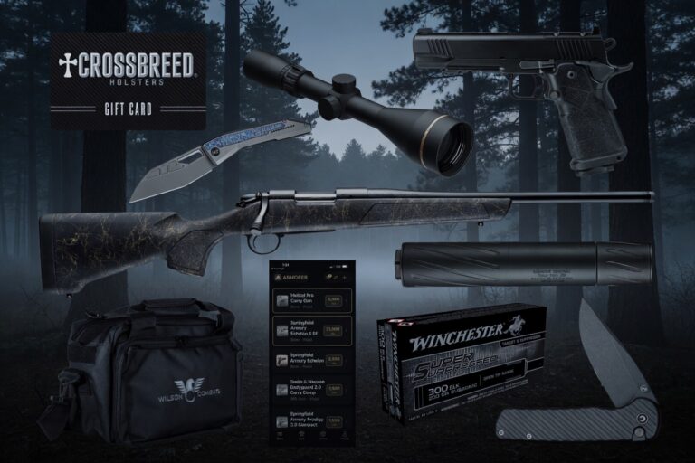 Crossbreed Holsters gift card with a rifle, pistol, scope, knife, ammo box, and gear laid out against a dark forest backdrop.