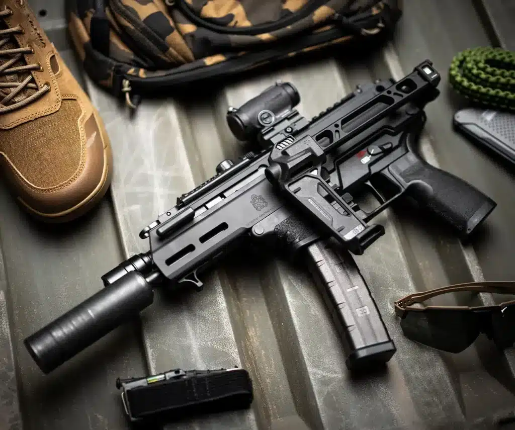 KUNA9CanLeft-1270x1060 - PopularSuppressors Black tactical rifle with scope and foregrip laid on a metal surface, surrounded by gear (boot, camo bag, paracord, magazine, and sunglasses).
