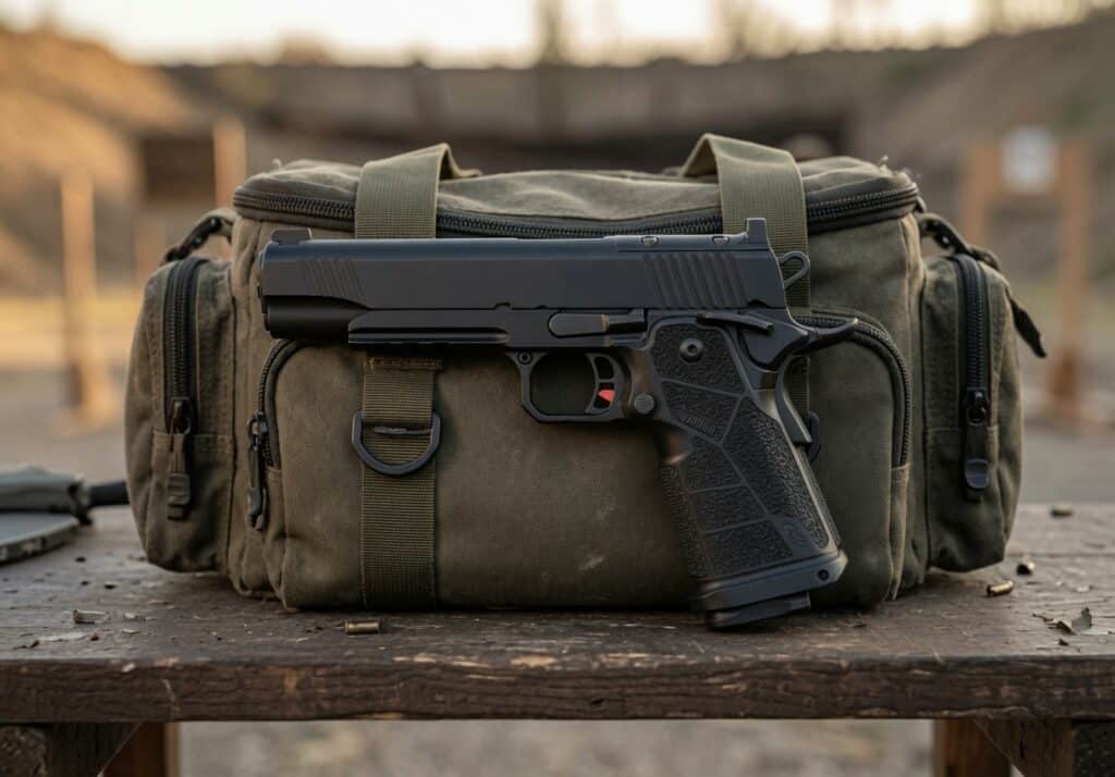 Black semi-automatic pistol resting on a green tactical bag outdoors on a wooden table.