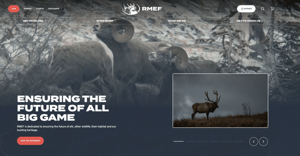 Hero section with elk in a snowy forest, bold 'Ensuring the Future of All Big Game' headline and a red 'Join the Movement' button.
