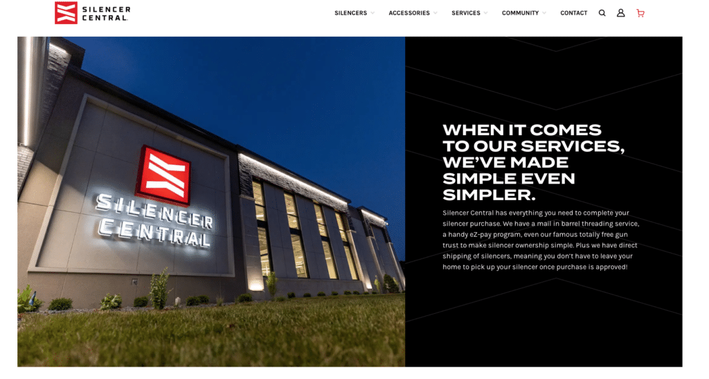 Exterior of Silencer Central building at dusk with illuminated sign; right side shows bold black panel with marketing text about making services simple.