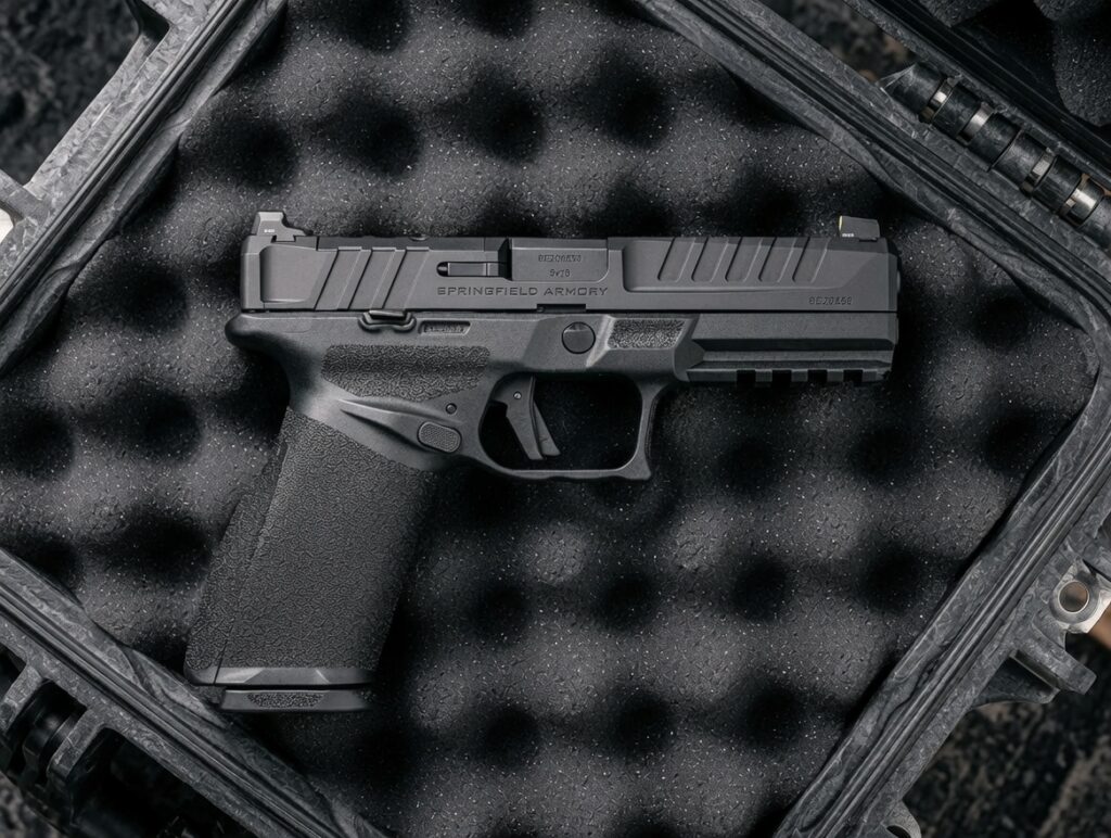 Black semi-automatic pistol resting in a foam-padded protective case labeled Springfield Armory