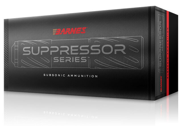 SuppressorSeriesBox__31029 - PopularSuppressors Box packaging for Barnes Supressor Series subsonic ammunition, black with red Barnes logo on the label.