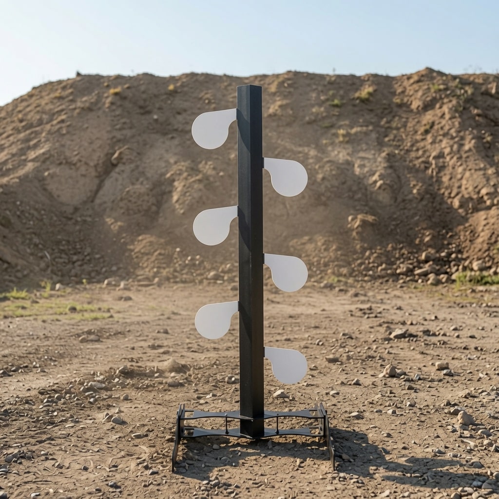 Outdoor abstract sculpture: tall black post with white circular discs along its sides, set on a metal base in a rocky, dirt lot with a mound in the background.