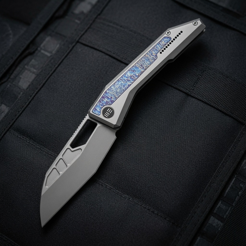 Gray folding knife with a partially extended blue-patterned blade resting on dark tactical fabric.