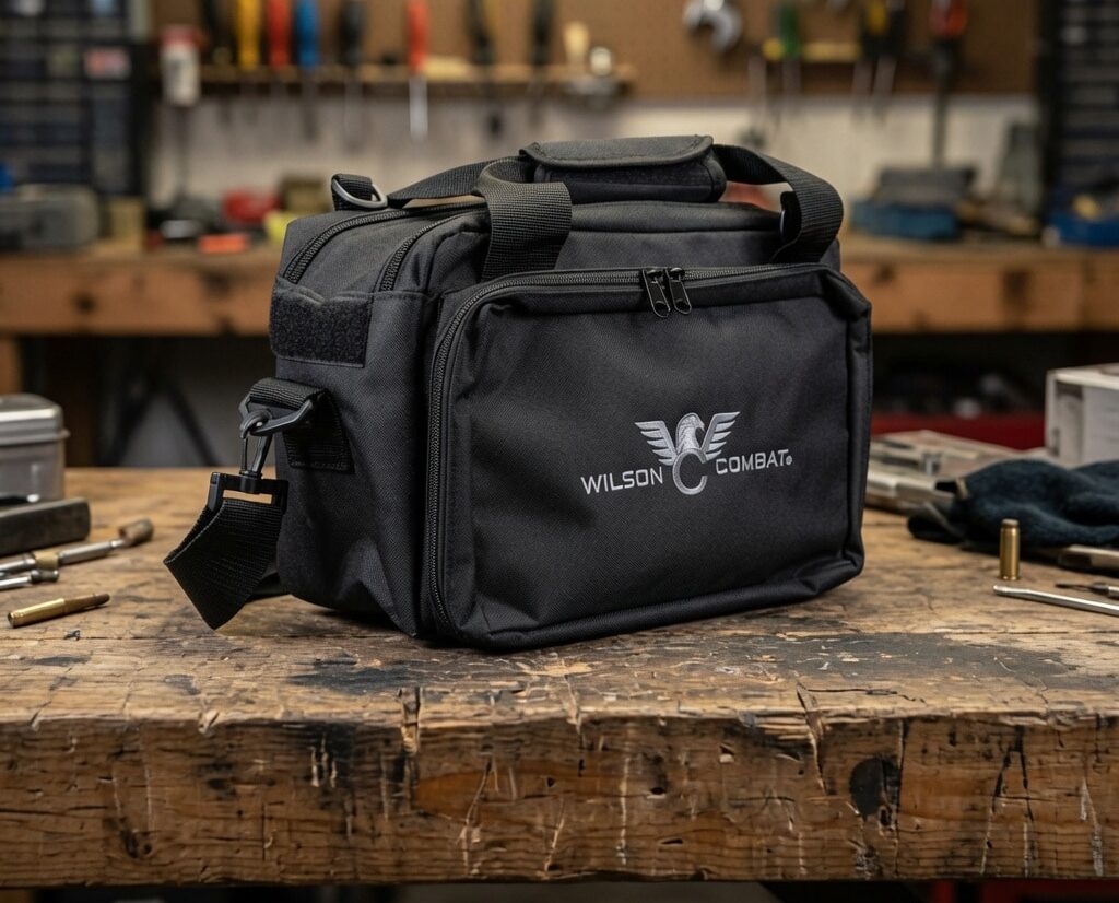 Black Wilson Combat tool bag on a worn wooden workbench in a workshop, with wrenches hanging on a pegboard behind it.