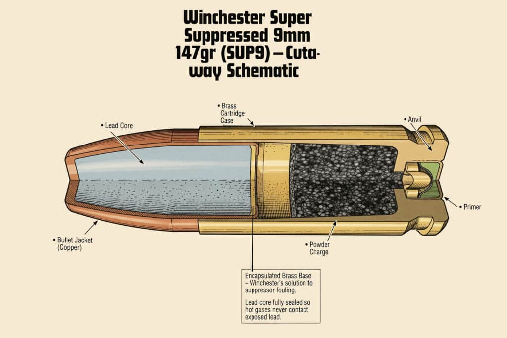 Cross‑section diagram of a Winchester 9mm suppressor round showing lead core, copper jacket, brass base, cartridge case, primer, powder charge, and anvil labeled.