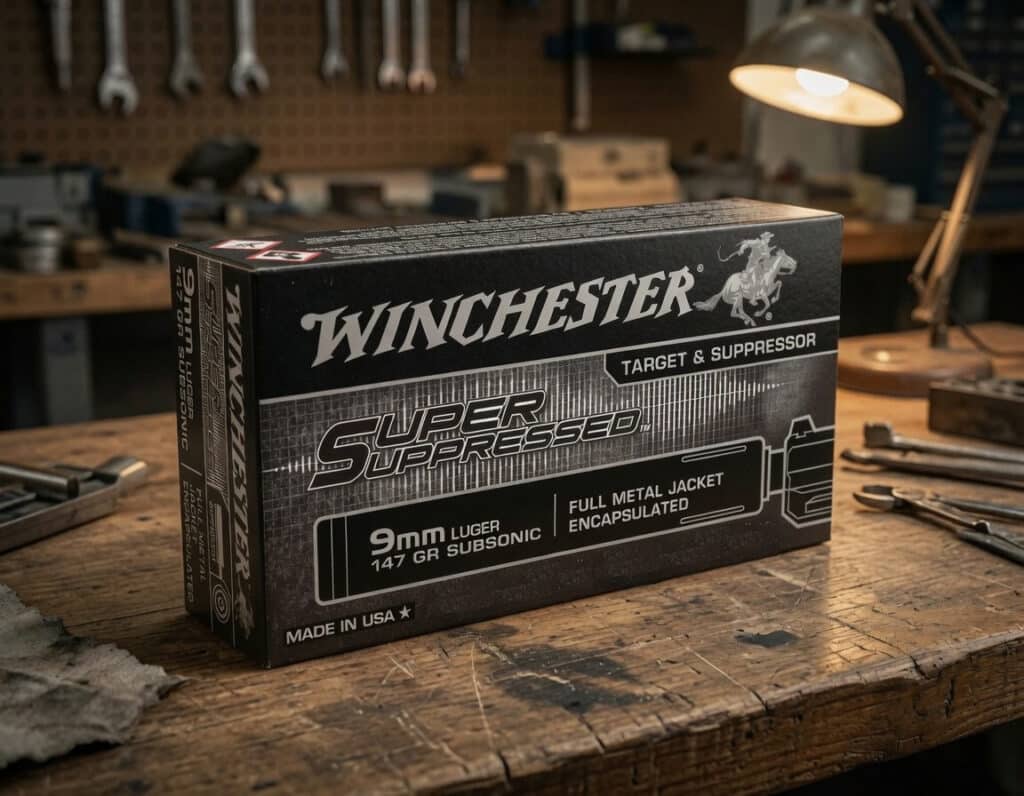 Box labeled Winchester Super Suppressed 9mm Luger subsonic ammunition on a wooden workbench in a workshop.