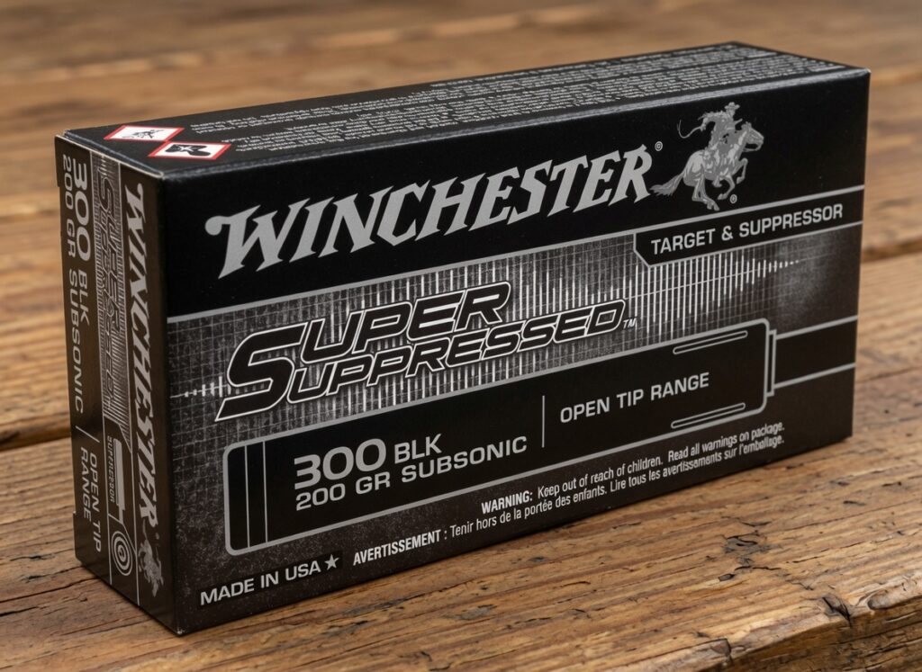 Box of Winchester Super Suppressed 300 BLK subsonic ammunition, 200 grain, made in USA, with Open Tip Range label on a wooden table