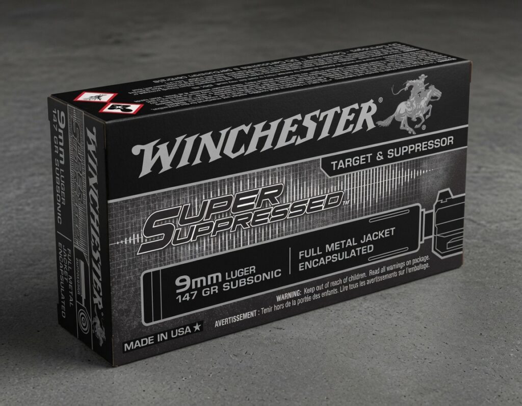 Box of Winchester Super Suppressed 9mm subsonic ammo with bold branding and 'Made in USA' text visible on the front.