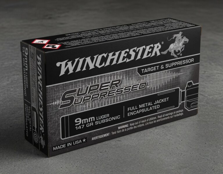 Box of Winchester Super Suppressed 9mm subsonic ammo with bold branding and 'Made in USA' text visible on the front.