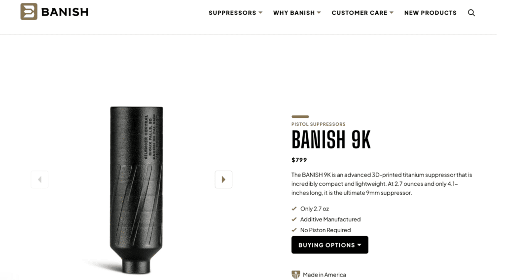 Product page layout showing a black pistol suppressor on the left and the 'Banish 9K' details on the right (price, description)