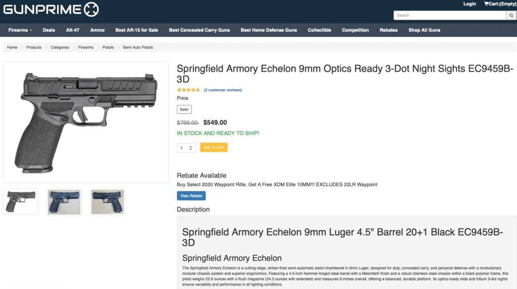 Springfield Armory Echelon 9mm pistol with 3-dot night sights, optics-ready
