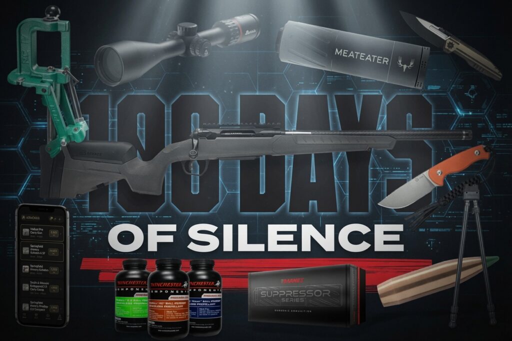 Hunting and shooting gear collage: rifle with scope and suppressor, knife on a tripod, green reloading press, tripod, pill bottles, suppressor case, and a smartphone app screen in a dark tech background with bold text.