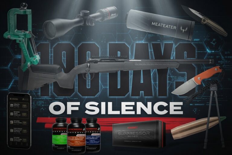 Hunting and shooting gear collage: rifle with scope and suppressor, knife on a tripod, green reloading press, tripod, pill bottles, suppressor case, and a smartphone app screen in a dark tech background with bold text.