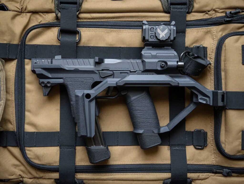 Tactical gray rifle secured to a tan backpack with black straps and MOLLE webbing.
