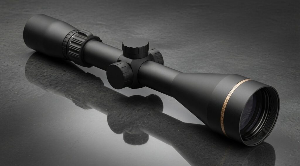Black rifle scope with adjustment turrets on a reflective gray surface