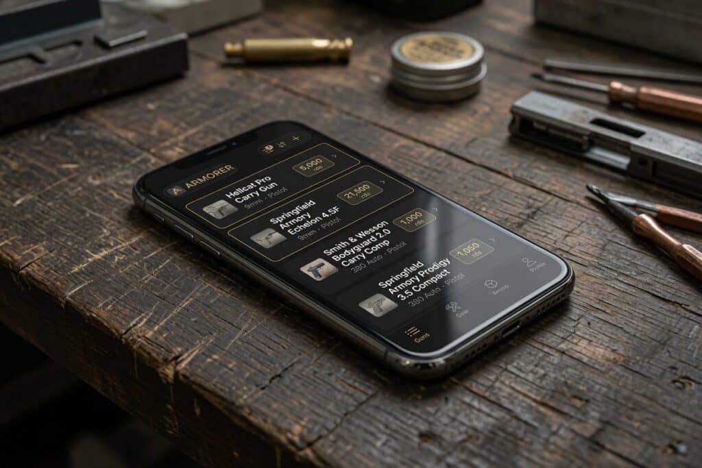 Smartphone on a wooden workbench showing a gun catalog app with multiple pistol listings.