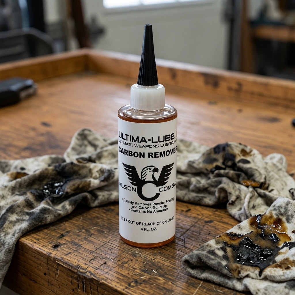 Bottle of Ultima-Lube Carbon Remover on a wooden workbench with dirty rags nearby.