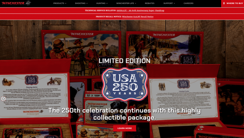 Limited Edition Winchester USA 250 Years packaging on a wooden backdrop.