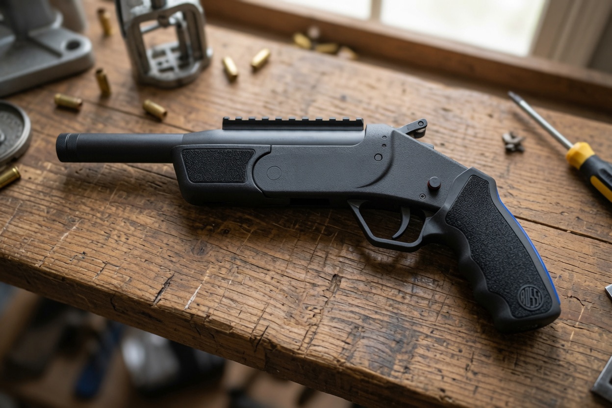 Black pistol-like tool with a textured grip and top rail on a wooden workbench, brass cartridges scattered nearby.