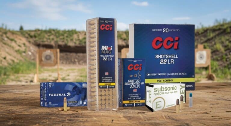 Assorted rifle ammunition boxes and loose bullets on a wooden table at an outdoor firing range, targets in the background.