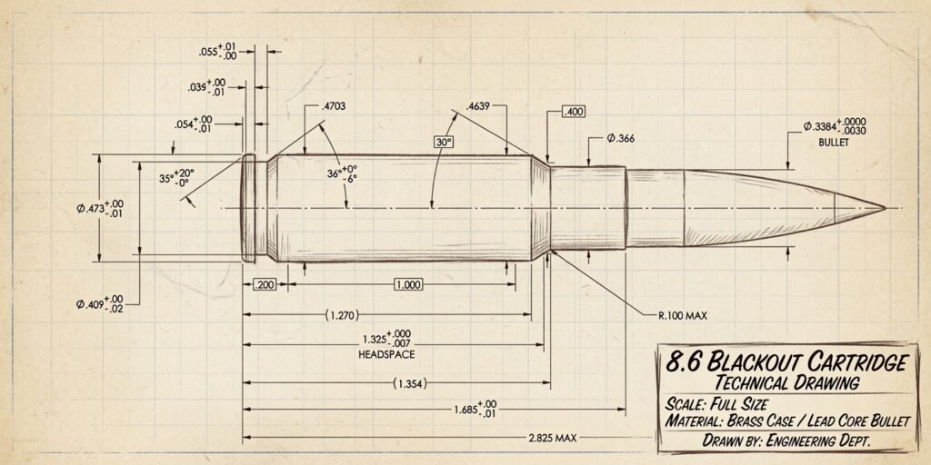 Technical drawing of an 8.6 Blackout cartridge with brass case and bullet, showing dimensions and tolerances in a full-size blueprint.