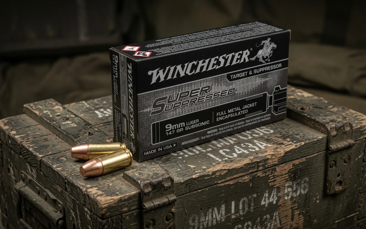 Winchester 9mm Luger subsonic ammunition box labeled Super Suppressed on a weathered wooden crate with two copper bullets nearby.
