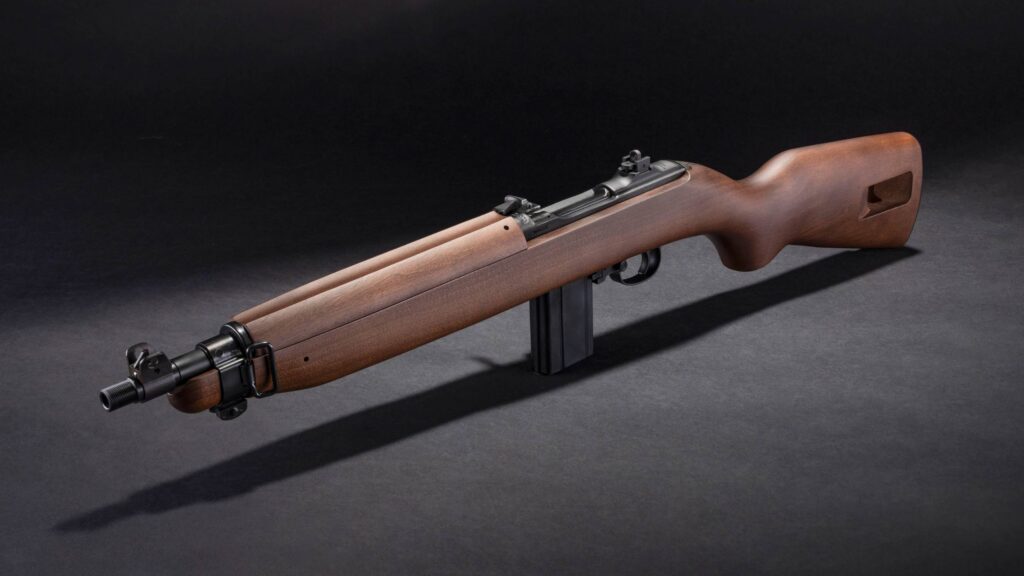Rifle with wooden stock and exposed magazine, lying on a dark surface with a metal receiver.