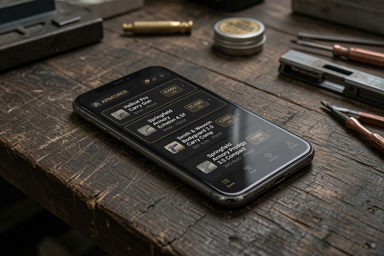Phone on a wooden workbench showing a firearm marketplace app with listings and prices