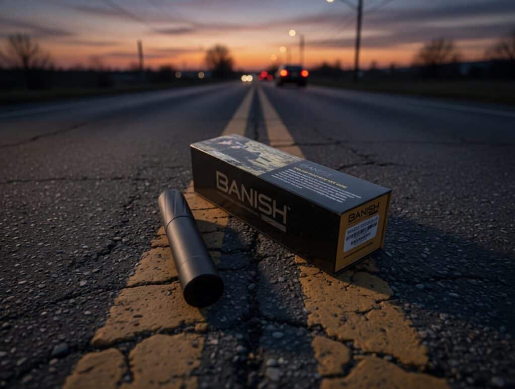 Box labeled BANISH and a black cylindrical object on a cracked road with double yellow lines at sunset, blurred background city lights in distance.