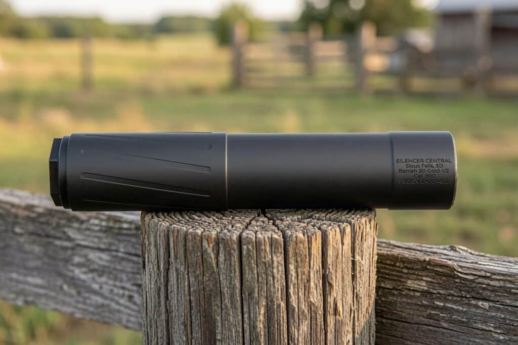Black rifle silencer resting on a weathered wooden fence post in a rural field, with a blurred barn in the background.
