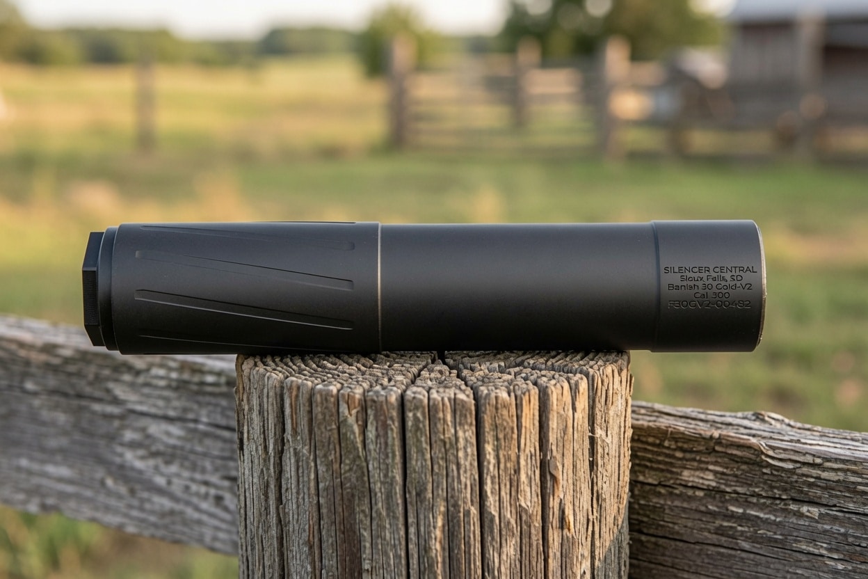 Black rifle silencer resting on a weathered wooden fence post in a rural field, with a blurred barn in the background.