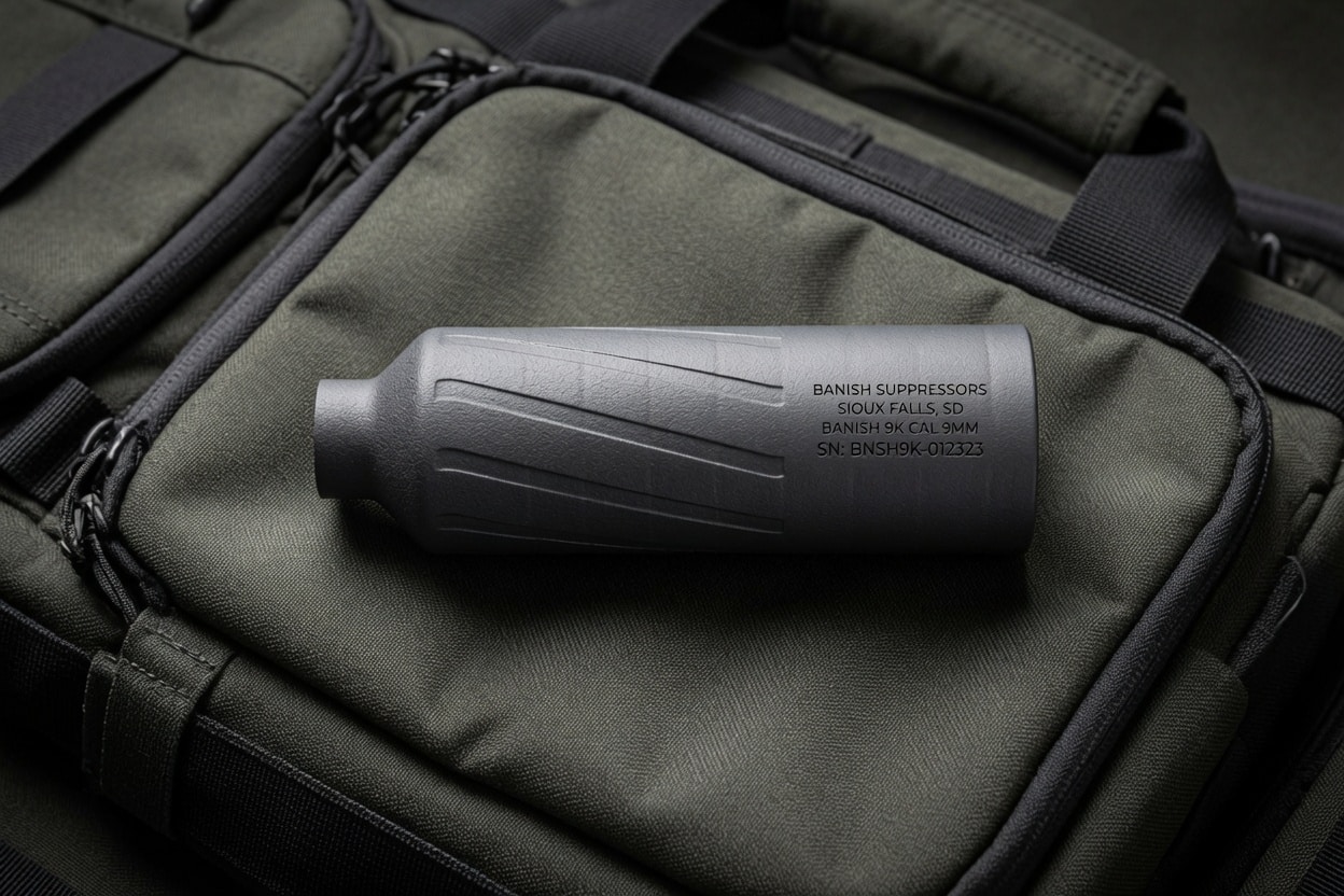 Gray gun suppressor lying on a dark green tactical backpack outdoors or in a gear setup.