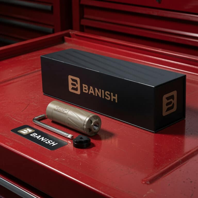 Banish toolkit on a red workbench: a black branded box with a metal rod, a cylindrical tool, and small caps laid out nearby.