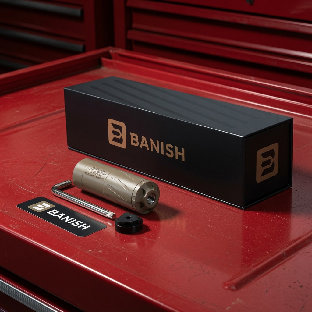 Banish toolkit on a red workbench: a black branded box with a metal rod, a cylindrical tool, and small caps laid out nearby.