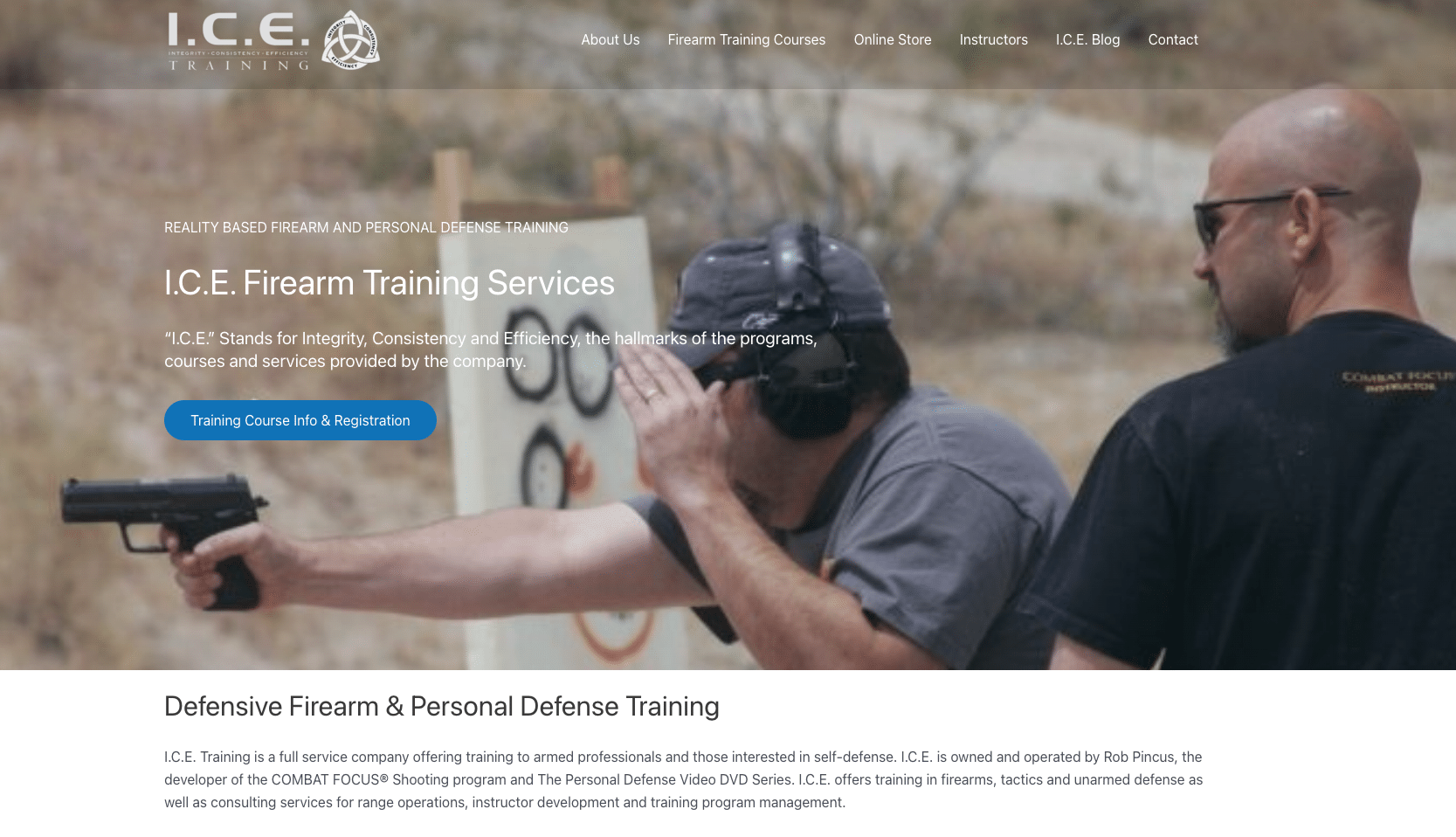 Outdoor firearm training scene: two men at a range, one shooter with a handgun and ear protection, instructor nearby (I.C.E. Firearm Training)