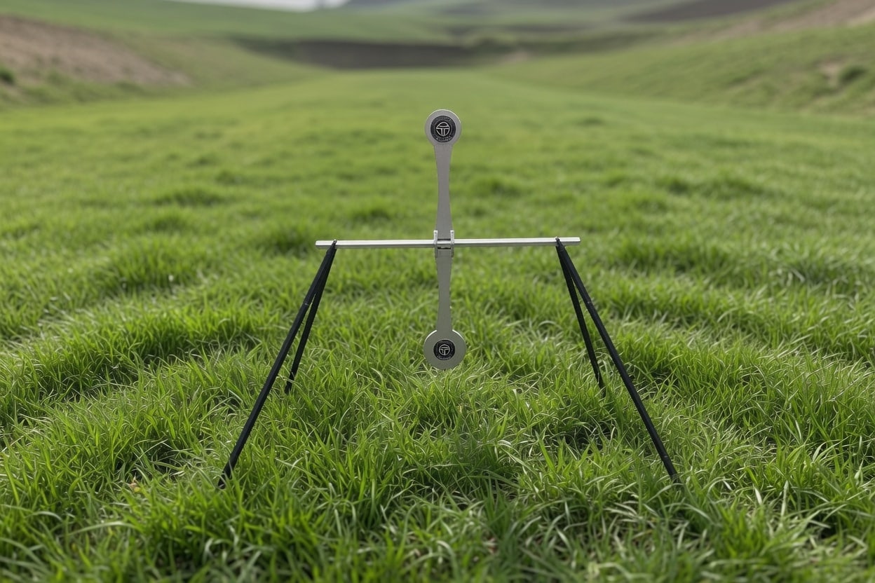 Metal surveying instrument mounted on a small tripod in a green grassy field outdoors.