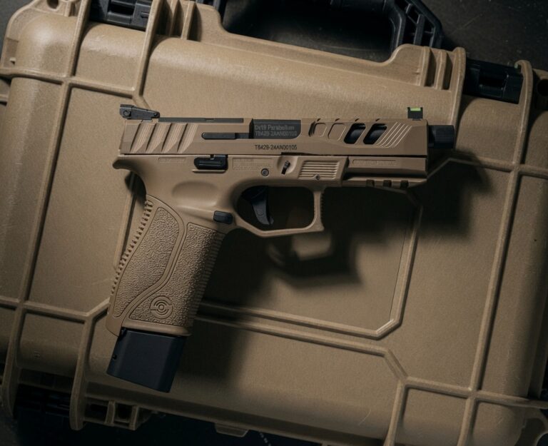 Tan semi-automatic handgun resting on a rugged hard case.