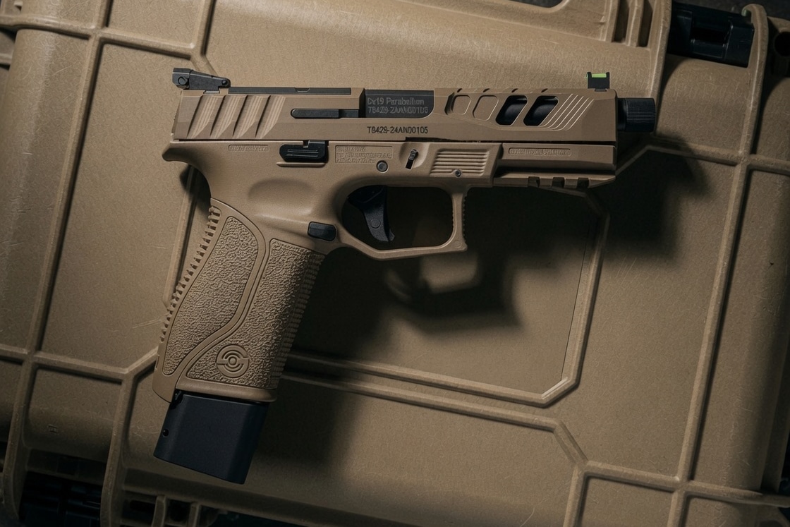 Tan semi-automatic pistol with a textured grip and rail, resting on a rugged hard case with a black magazine.