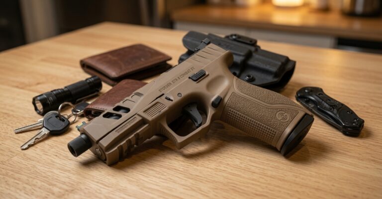 Tan semi-automatic handgun on a wooden table beside a wallet, keys, flashlight, and a folding knife.