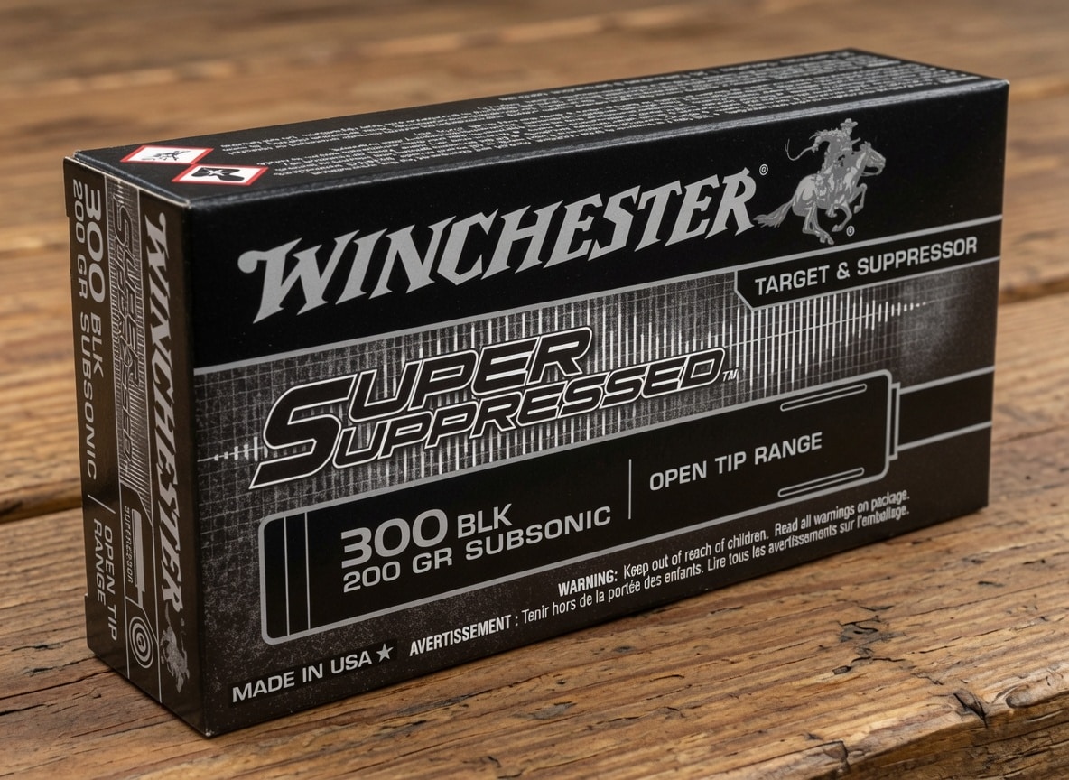 Winchester Supreme Suppressed 300 Blackout subsonic ammunition box on a wooden table
