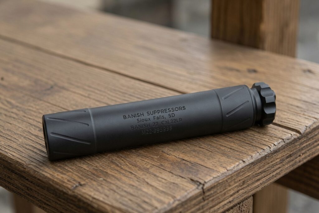Matte black rifle suppressor on a weathered wooden table, with 'BANISH SUPPRESSORS' engraved on it.